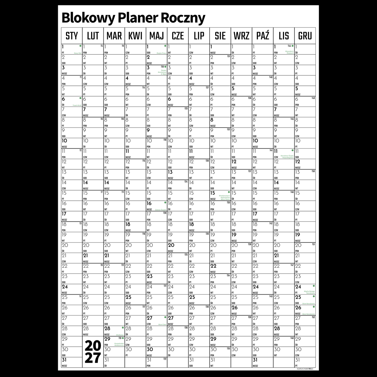 Blokowy Planer Roczny 2027 - Pionowy