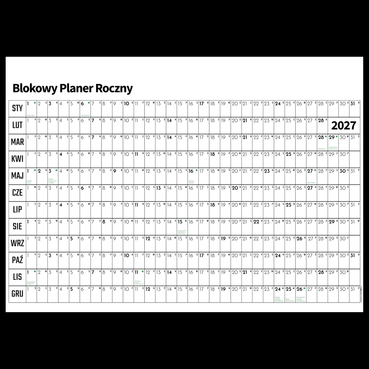 Blokowy Planer Roczny 2027 - Poziomy
